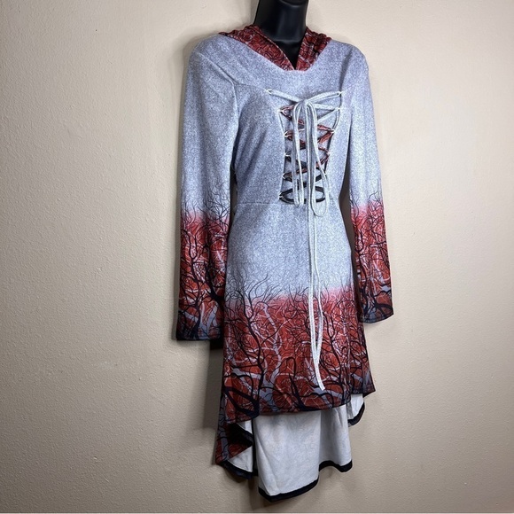 Medium Grey Hooded Sweater Dress Halloween Goth Druid Cosplay Long Sleeve - Picture 4 of 14